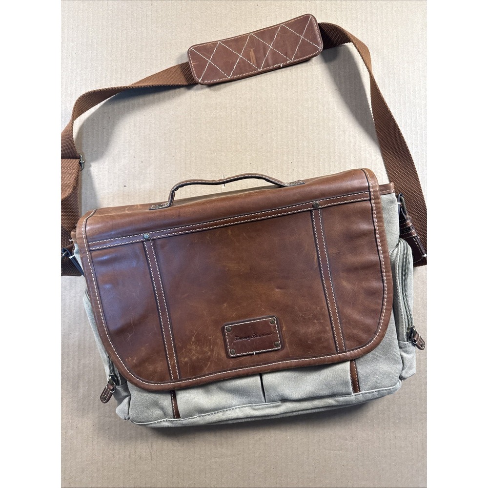 Tommy Bahama Canvas & Leather Messenger Bag | Brown Tan Laptop Travel